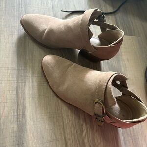 Women’s Tan Suede Ankle Booties with Buckle Strap